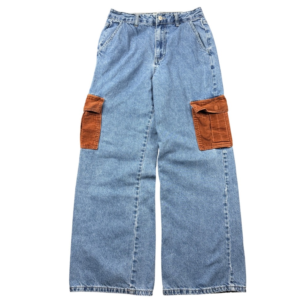 Forever 21 Wide Leg Cargo Jeans Women 27 Blue‎ Denim Brown Corduroy Pockets
